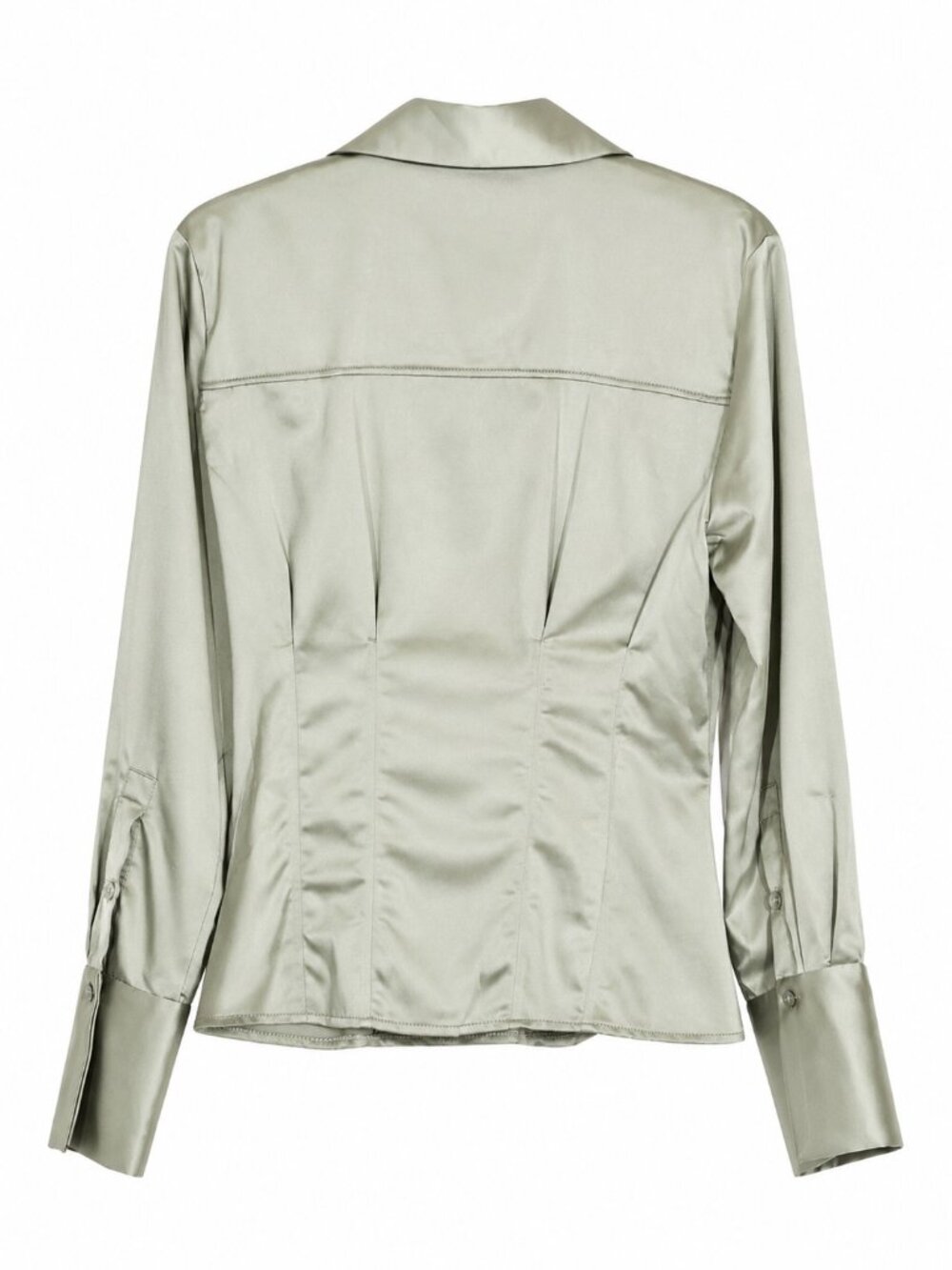 ZARA Y2K Sage Green Cinched Waist Long Sleeve Satin Button Front Blouse Size M - Picture 2 of 8